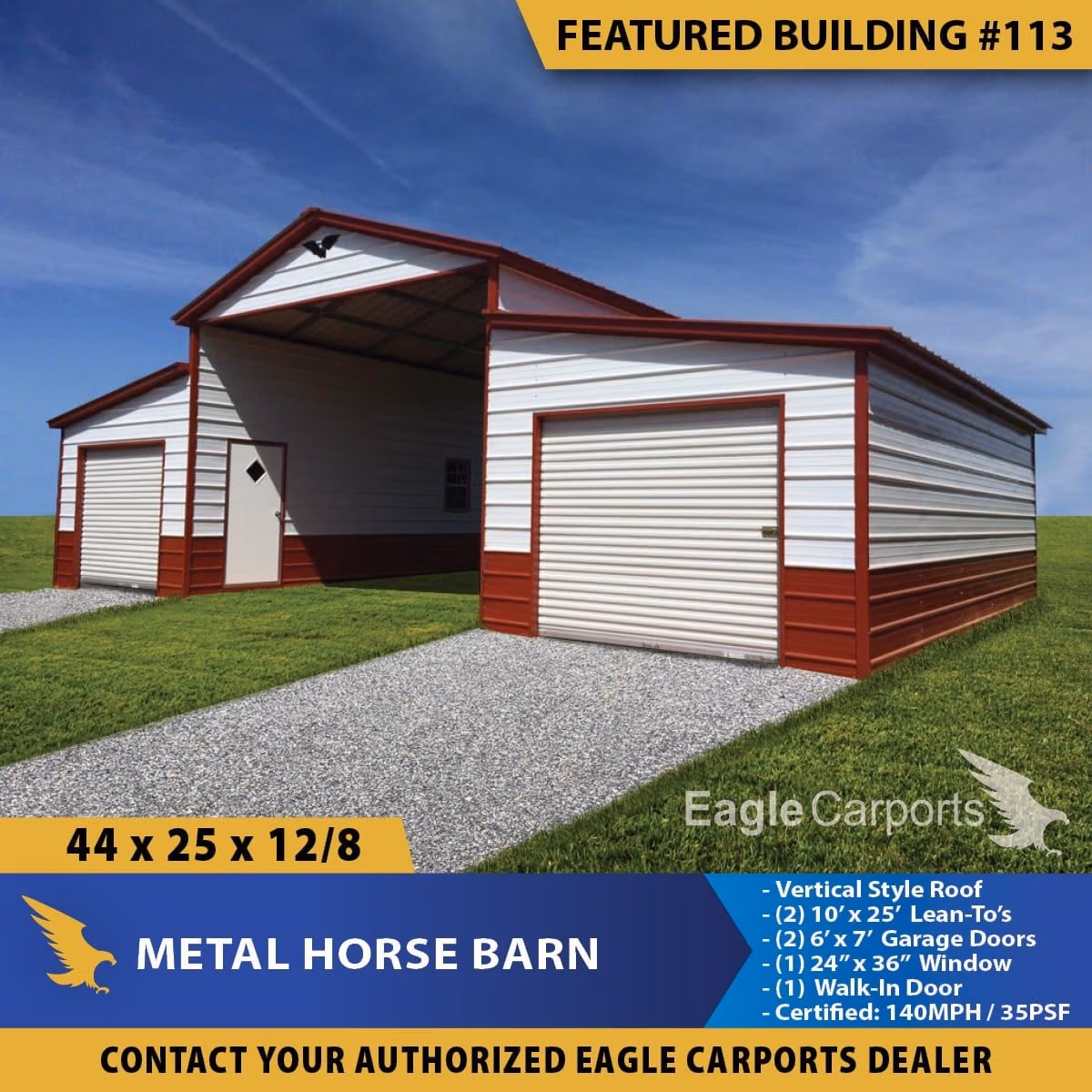 Eagle 44x25x12x8 metal horse barn