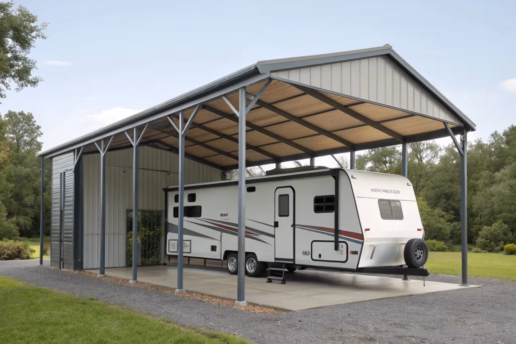 A-frame roof metal RV carport in a residential setting.
